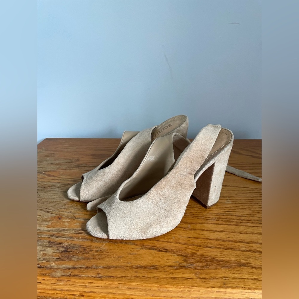 SCHUTZ Nude Suede Peep-Toe Ankle Tie Block Heel - Picture 3 of 6